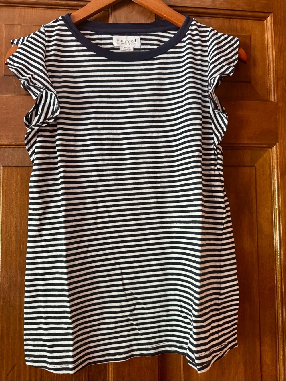 Velvet womans navy & White Striped Ruffle Sleeve tee